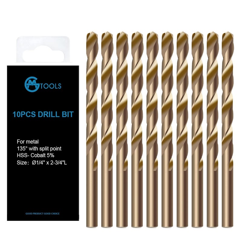 GMTOOLS 1/4 inch Cobalt Drill Bits, M35 HSS, 135 Degree Tip, Jobber Length Twist Drill Bit Set for Hard Metal, Stainless Steel, Cast Iron, Wood and Plastic, with Storage Case, Pack of 10 - Image 1